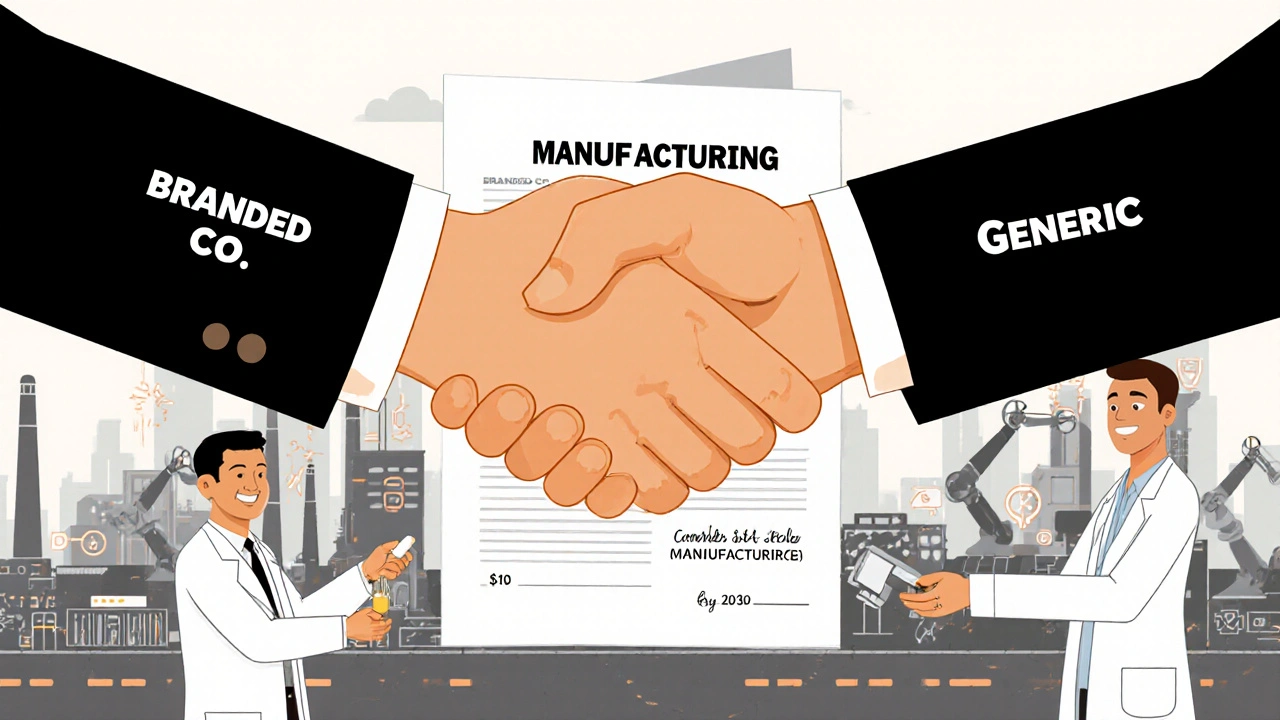 A stylized handshake between a branded pharma executive and a generic manufacturer over a contract, with futuristic factories in the background.
