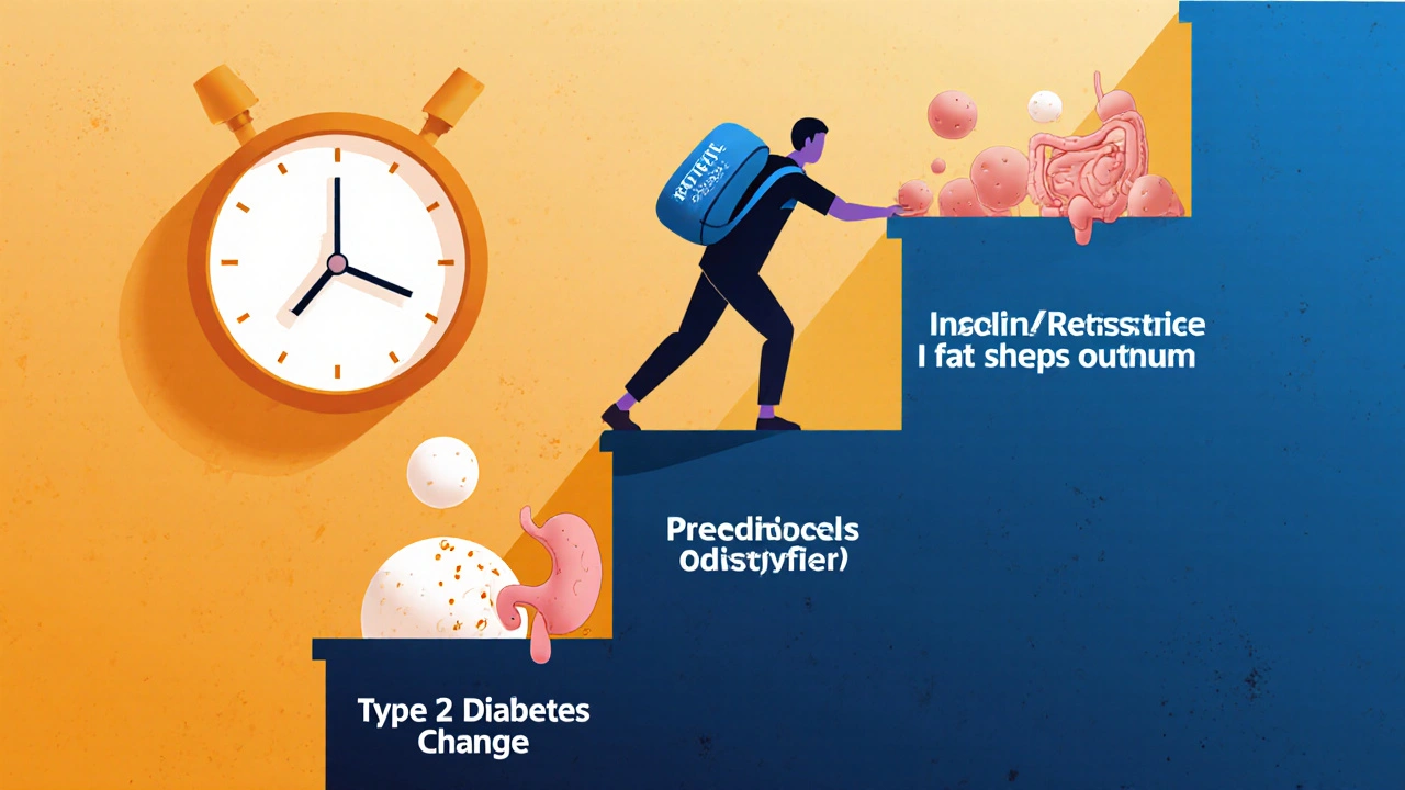 A three-step staircase showing progression from insulin resistance to diabetes with growing visceral fat.