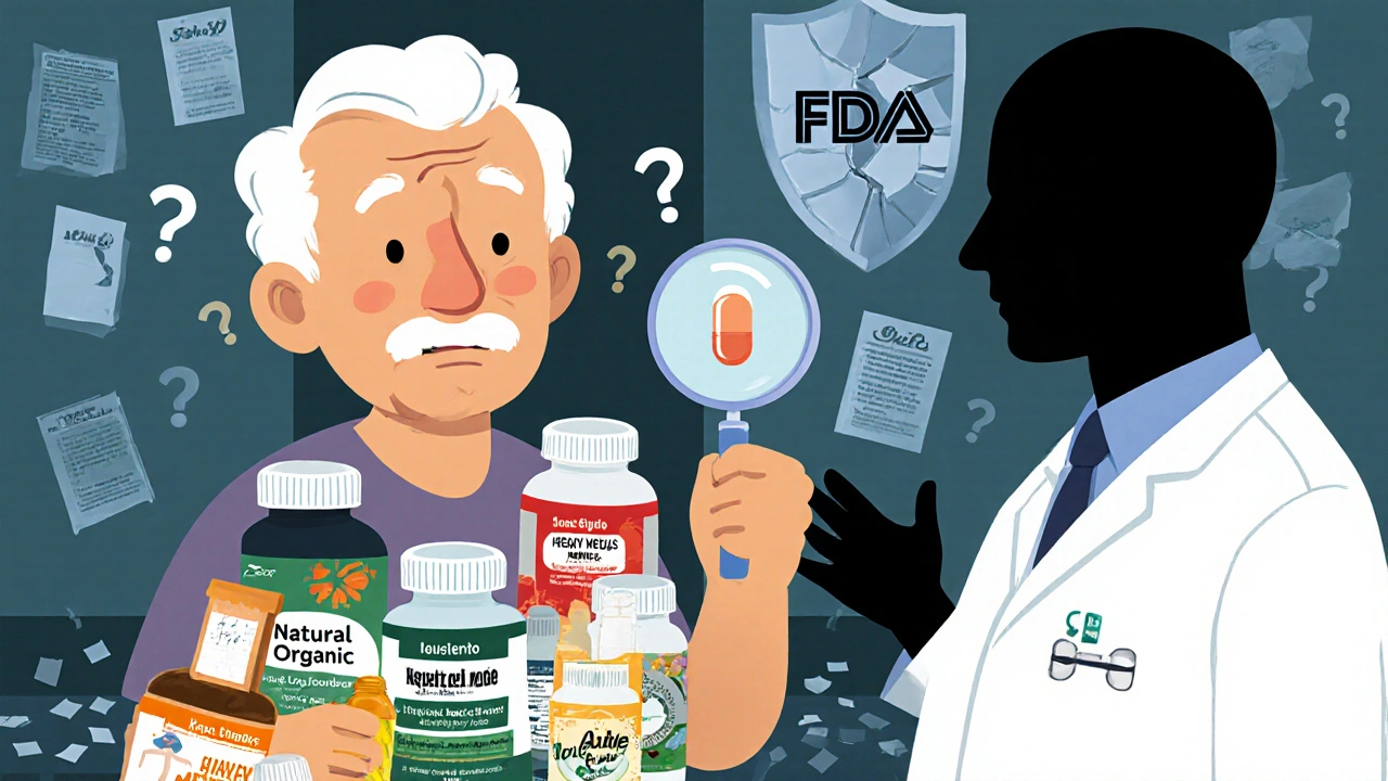 An elderly man surrounded by supplement bottles that reveal hidden contaminants under a magnifying glass.