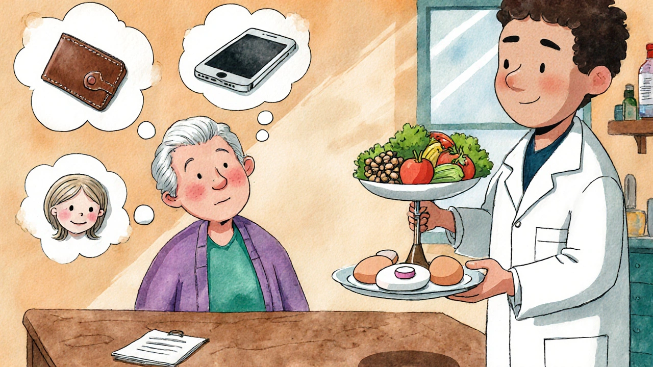 An elderly person surrounded by forgotten memories, balanced by healthy foods.