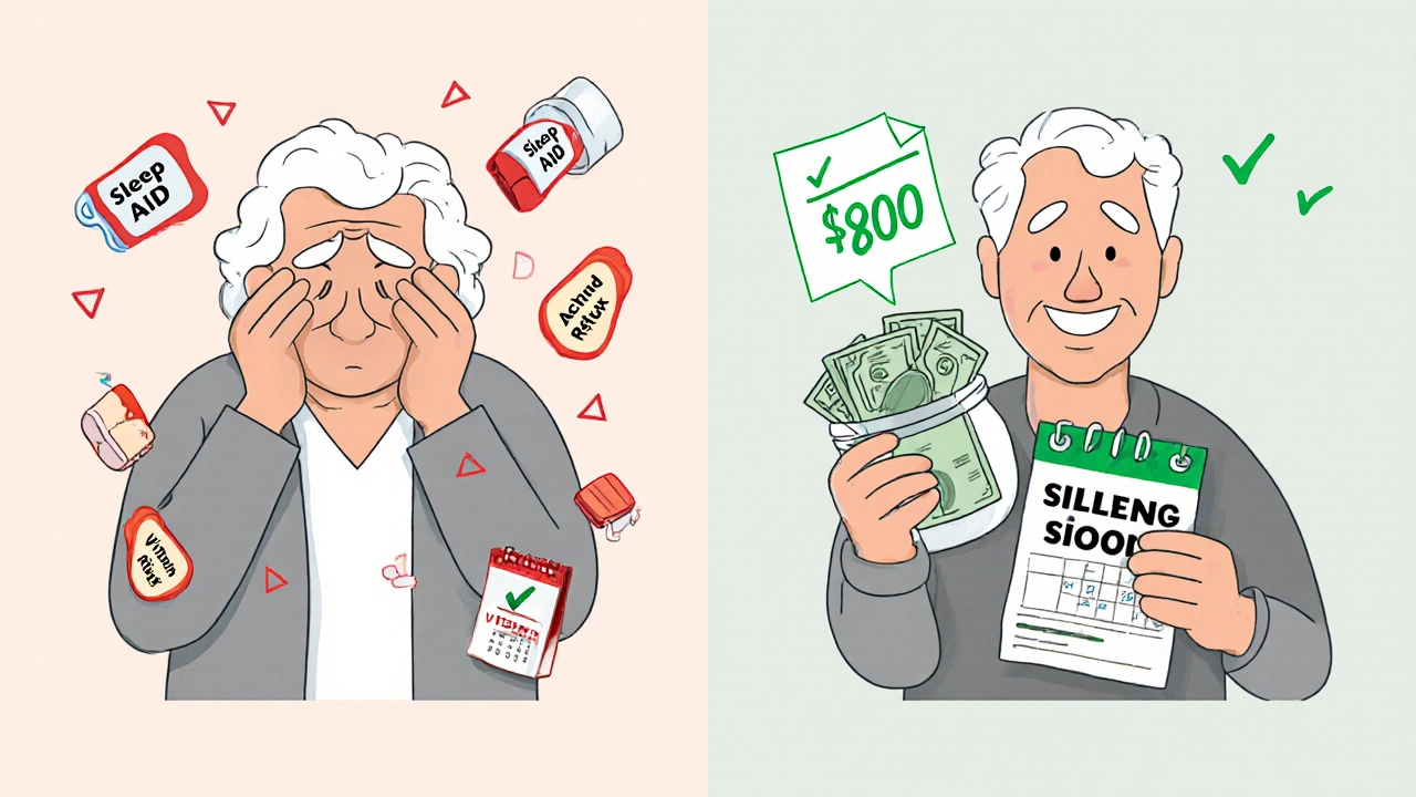 Before and after: person surrounded by unnecessary pills vs. holding few meds and savings jar.