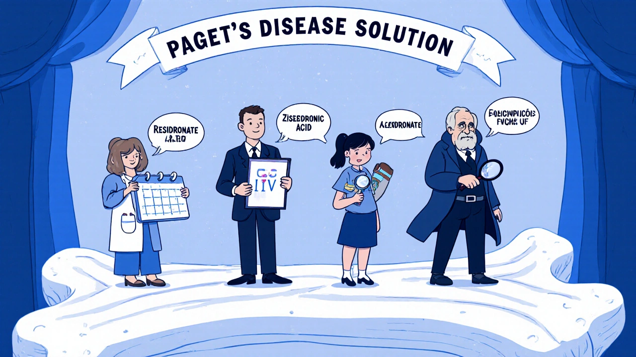 Cartoon characters representing different bisphosphonate drugs, each with unique traits, on a bone-shaped stage.