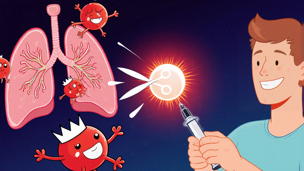 Cartoon eosinophils being destroyed by a scissor-like molecule as airways shrink from inflammation.
