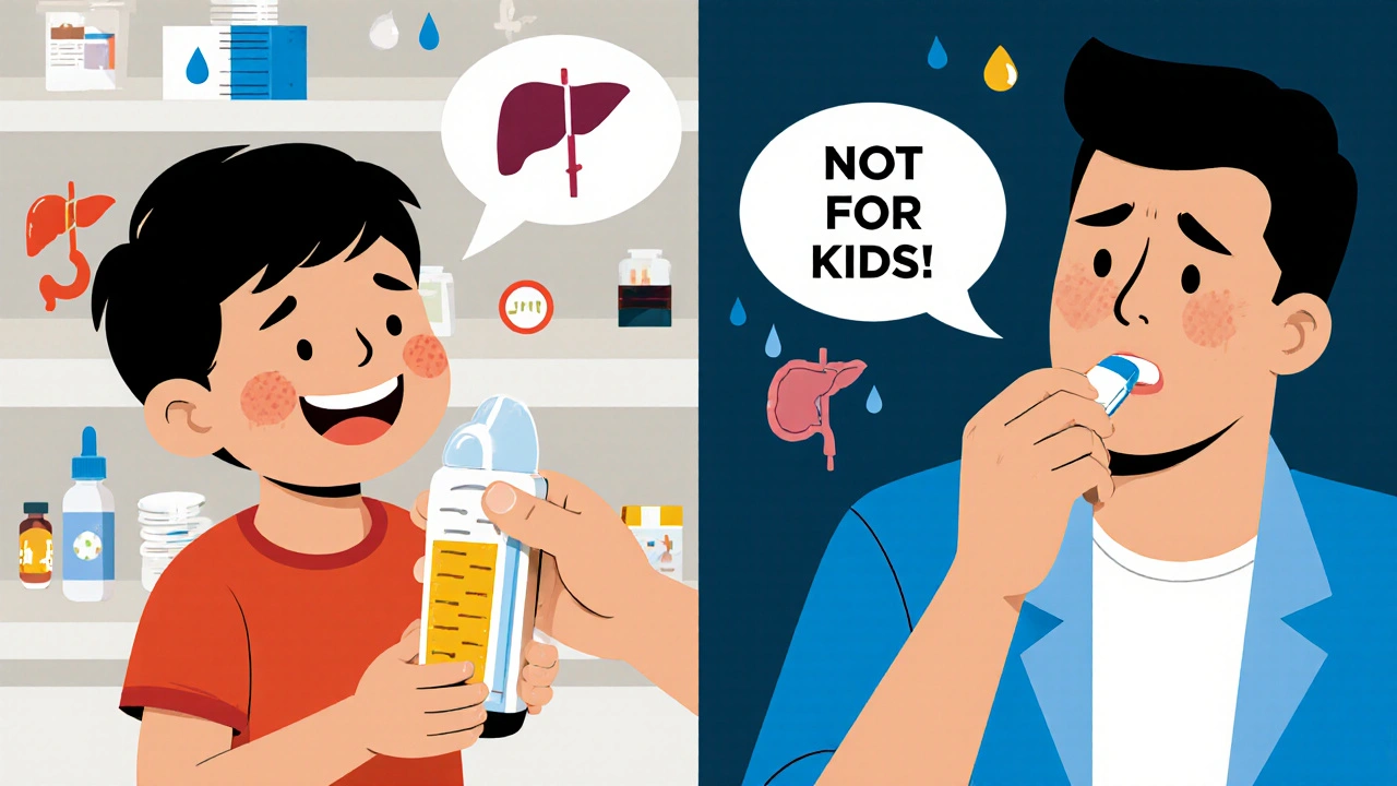 Child taking paracetamol from pharmacist while adult avoids aspirin due to child safety warning.