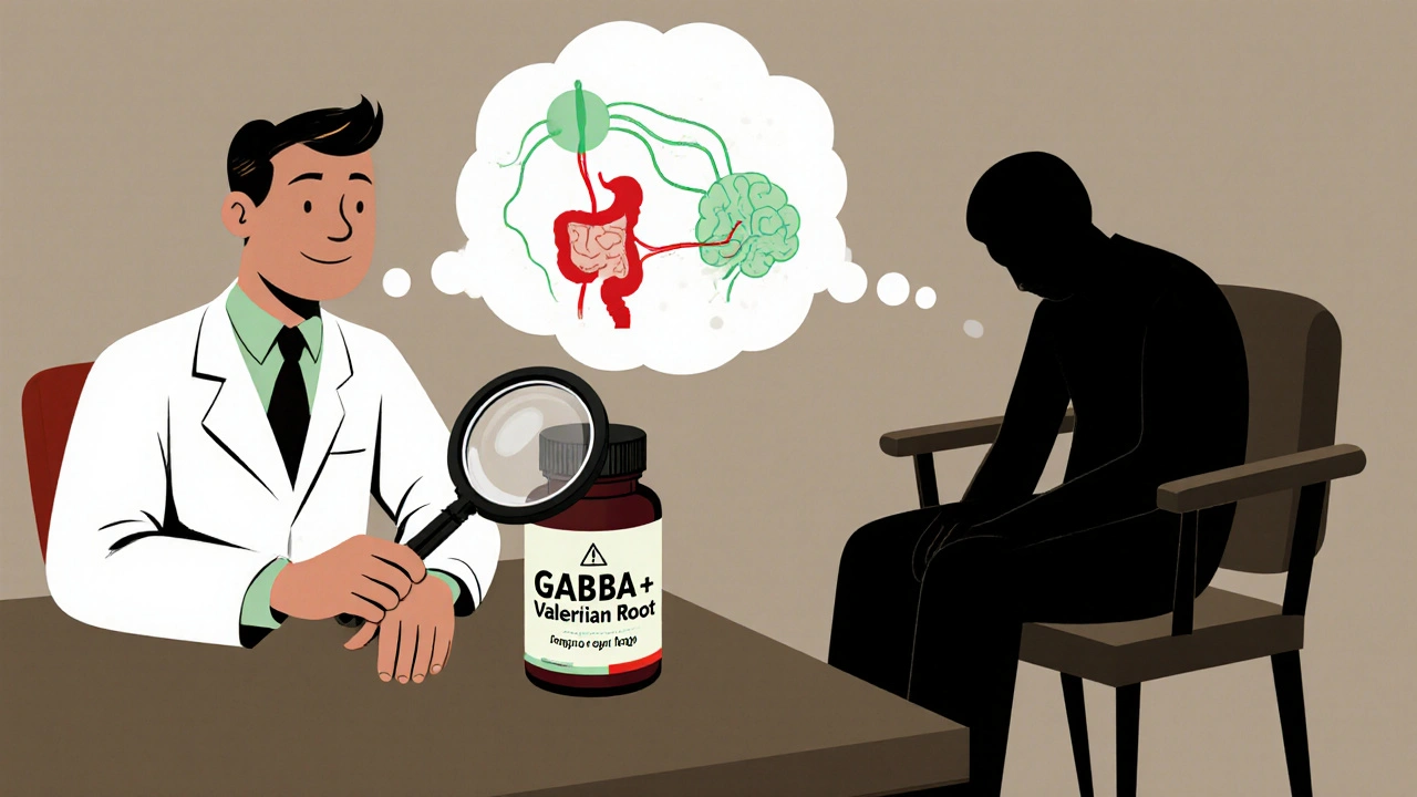 Doctor and patient examining supplement label, with shadowy sedated figure and vagus nerve pathway glowing nearby.