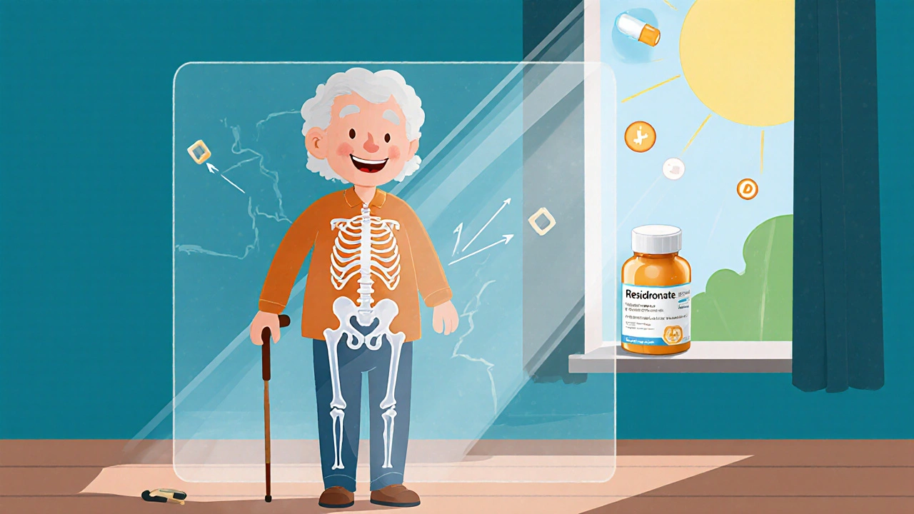 Elderly person standing strong, with transparent X-ray showing improved bone structure, residronate pill on windowsill.