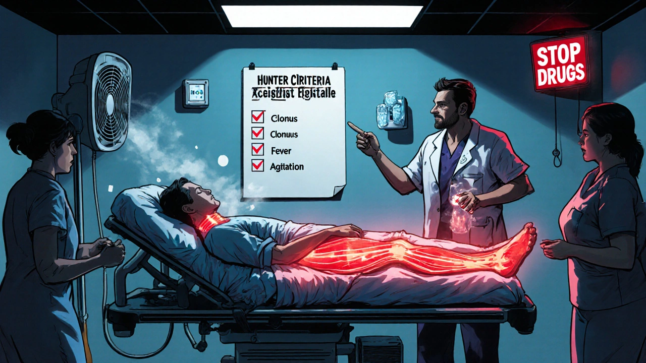 Emergency room scene with patient showing muscle rigidity, staff cooling them and removing drugs, checklist visible on wall.