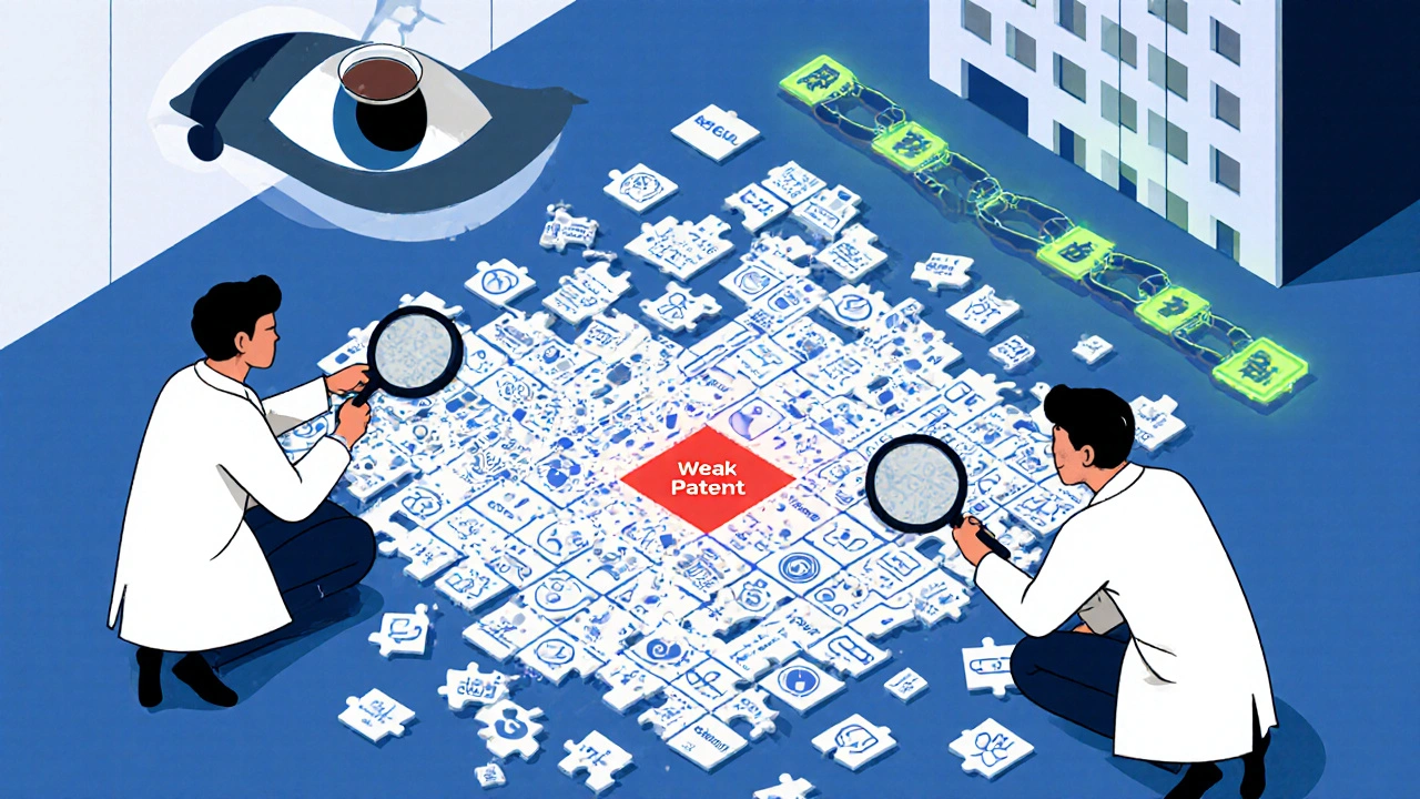 Engineers untangle a massive puzzle of 500 patent tiles representing complex tech innovations in a chaotic office.