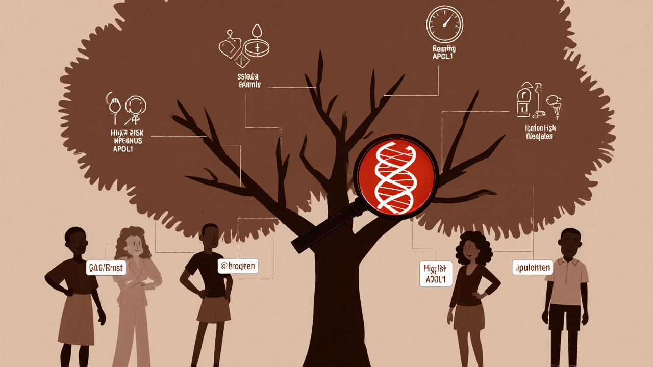 Family tree with glowing APOL1 risk branches and icons of kidney disease triggers
