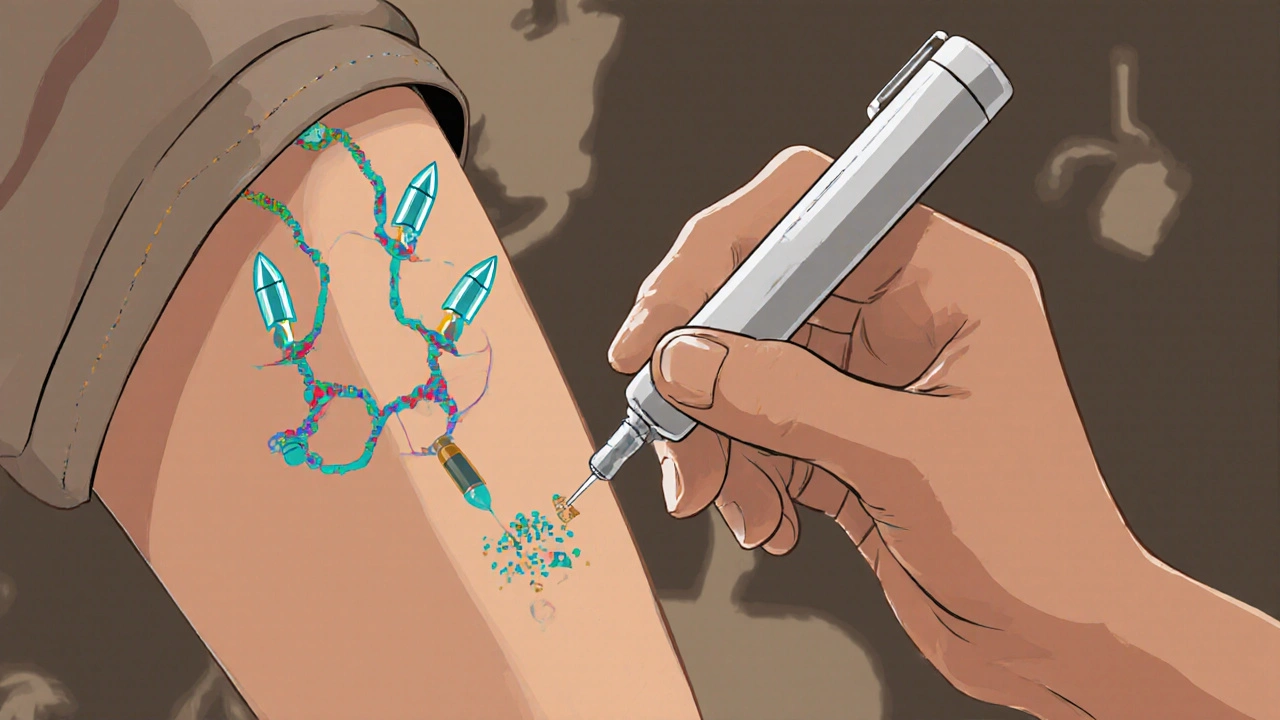 Hand injecting a biologic pen with molecular pathways being targeted by precision drugs.