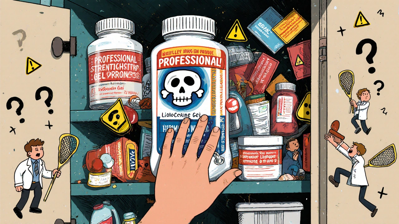 Messy medicine cabinet with illegal high-dose lidocaine products and FDA agents removing them.