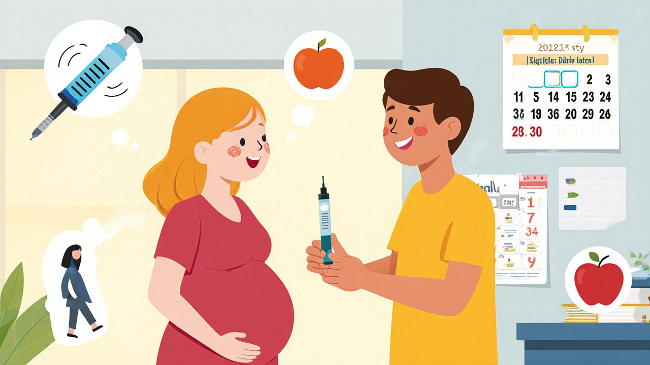 Partner handing insulin pen to pregnant woman in a supportive clinic moment.