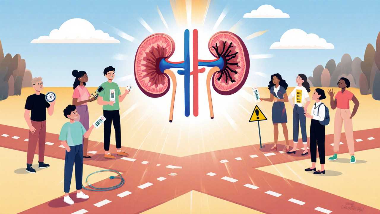 People at a crossroads: one path shows healthy kidney habits, the other shows kidney damage, with a drug beacon in center