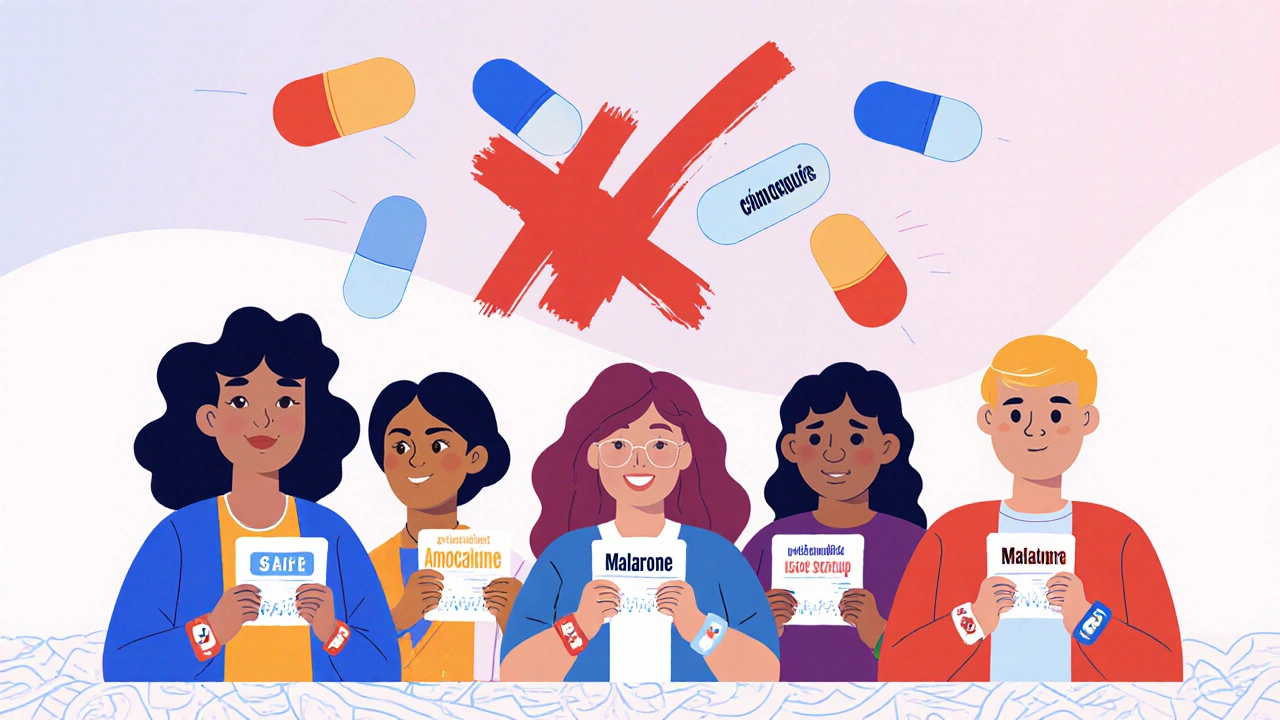 People holding safe medications while dangerous drugs are crossed out, wearing medical alert bracelets.