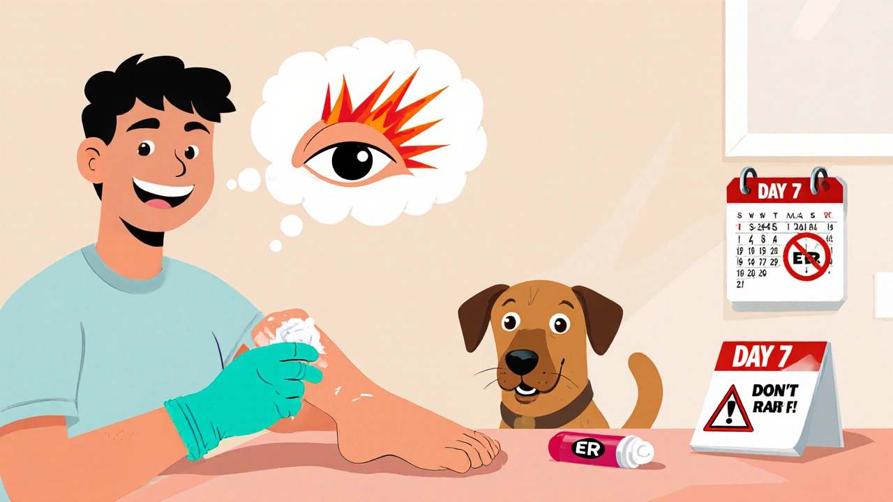 Person applying capsaicin cream to foot while a thought bubble shows eye burning, with gloves and calendar visible.