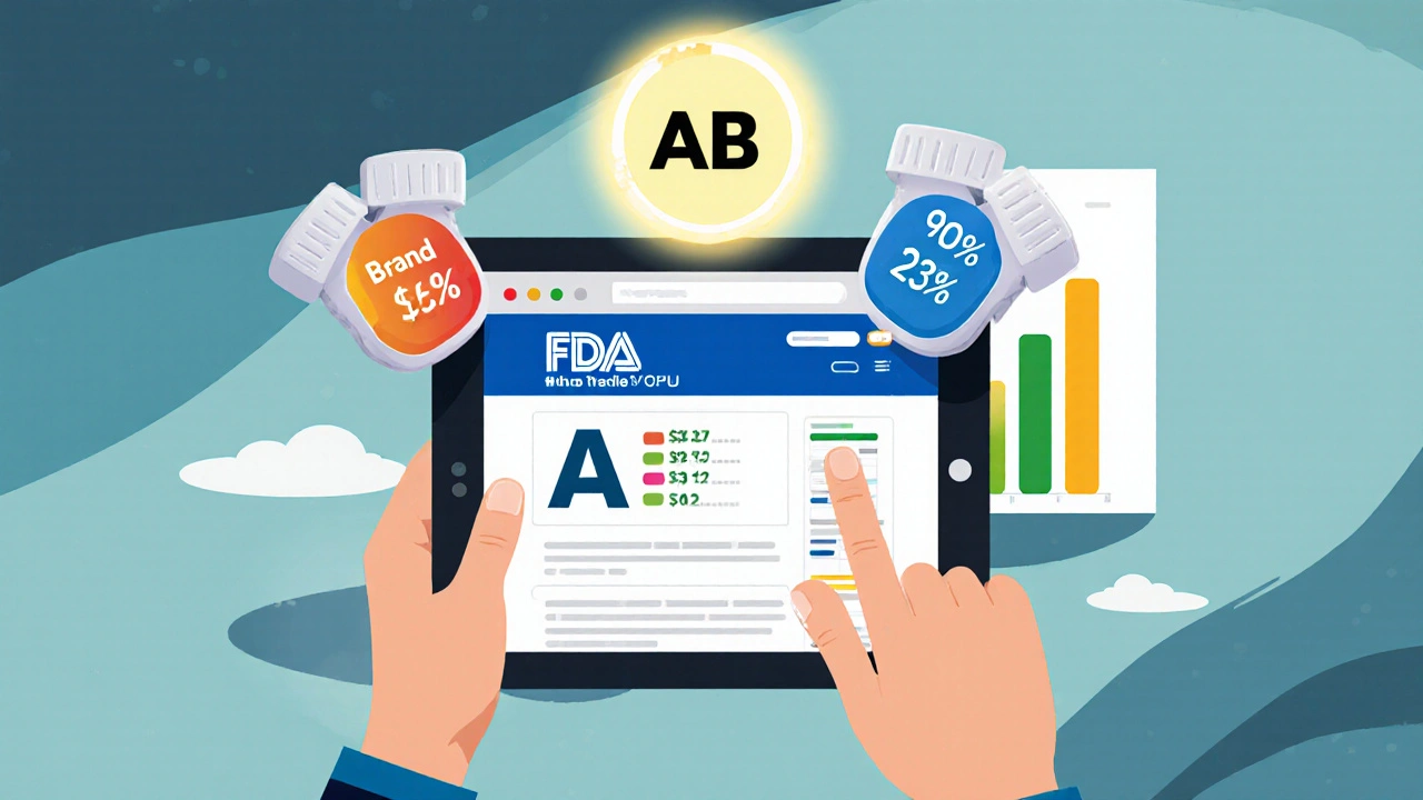 Person checking FDA website on tablet with AB rating and cost comparison chart