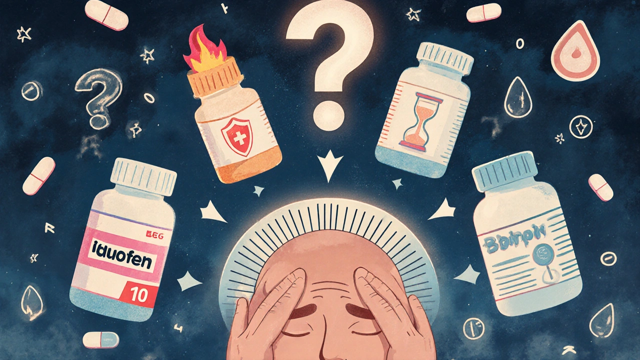 Person holding pain scale surrounded by floating medicine icons representing different pain relievers.