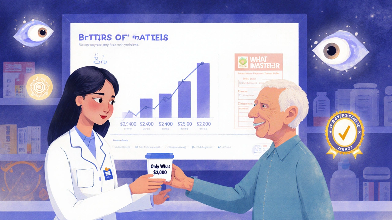 Pharmacist giving simplified pillbox to senior, digital savings graph and AI icons in background.