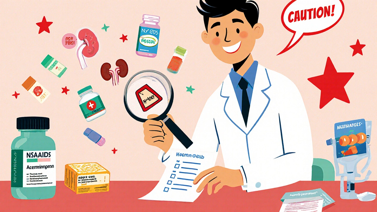 Pharmacist using a magnifying glass to reveal hidden drug interaction dangers on a medication list, with safer alternatives glowing nearby.