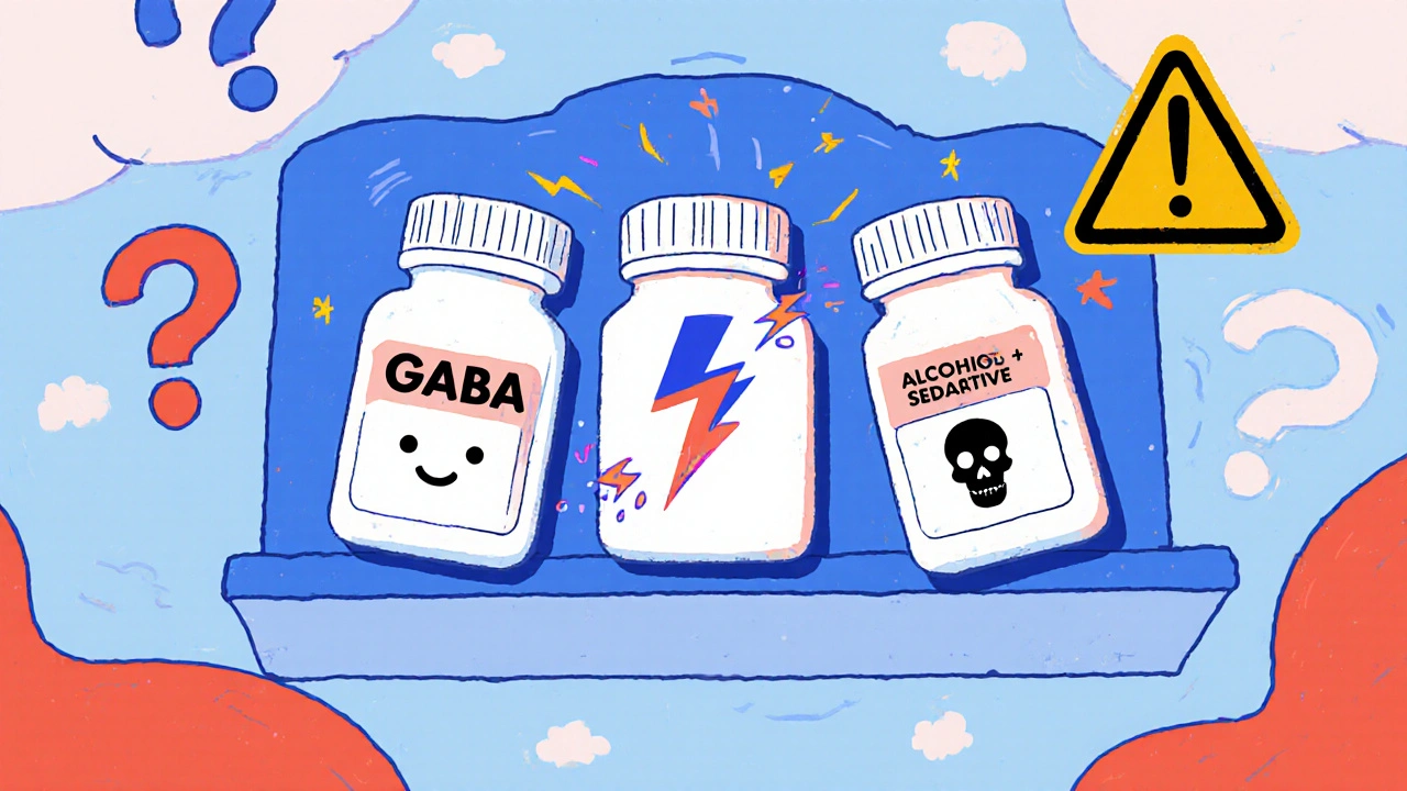 Pharmacy shelf with three supplement bottles: pure GABA, GABA+kava with lightning, and alcohol+sedative with skull symbol.
