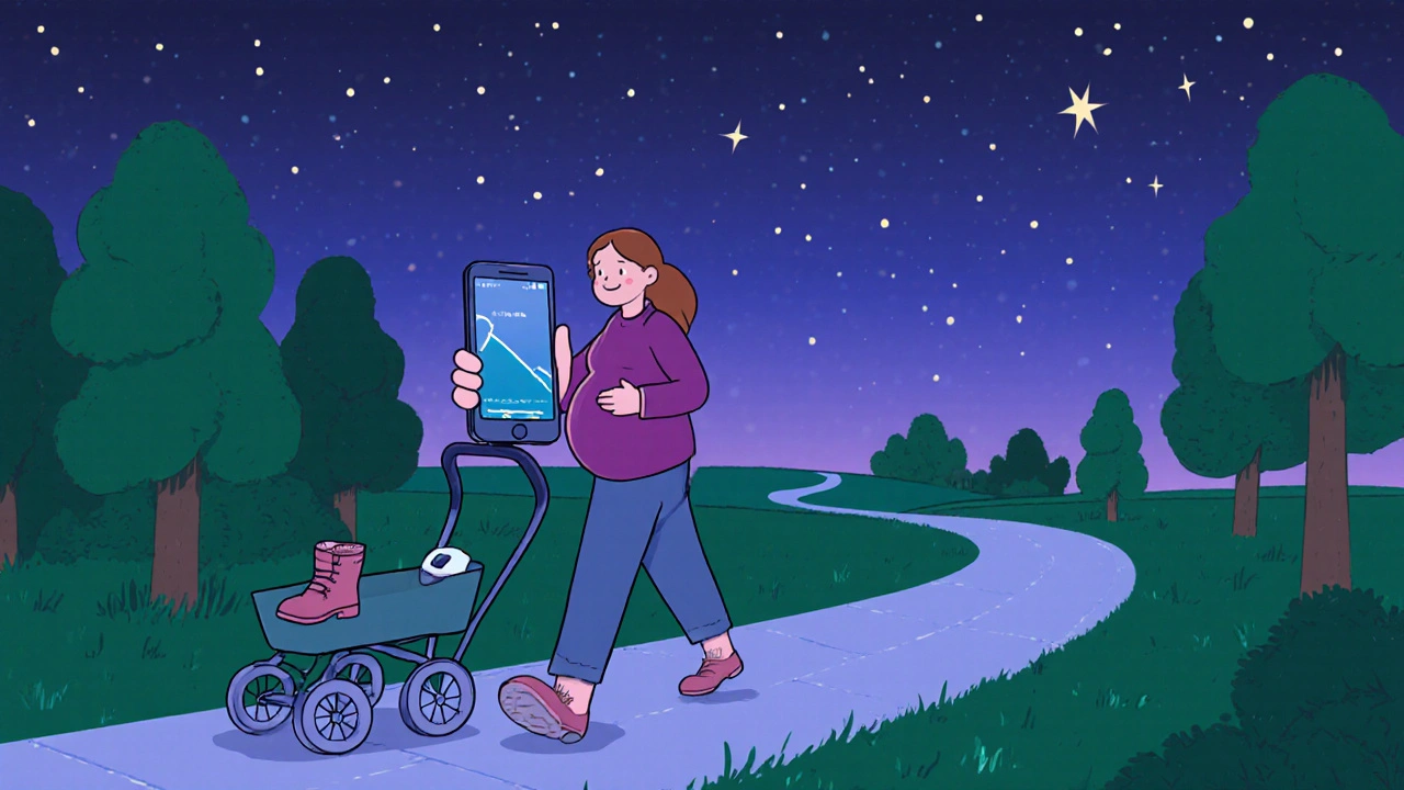 Pregnant woman walking at dusk with a glucose monitor showing improving blood sugar levels.