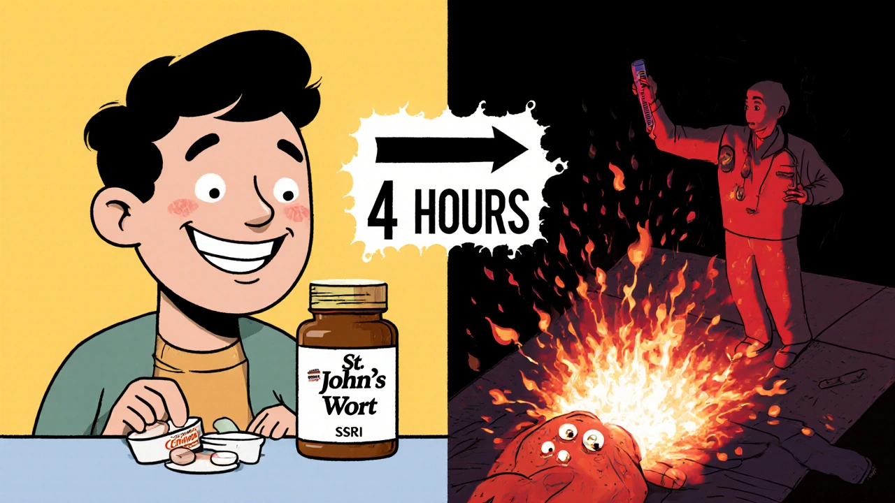 Split cartoon panel showing safe medication use transforming into serotonin syndrome crisis within four hours.
