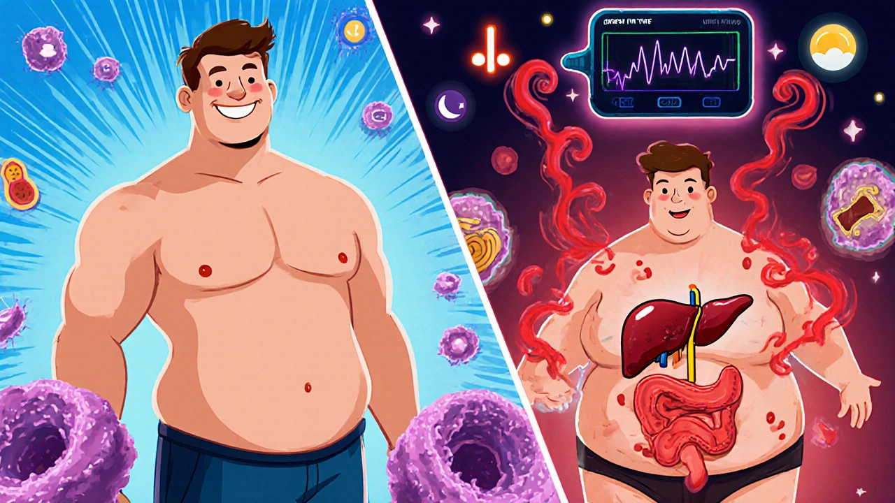 Split illustration comparing healthy fat storage versus harmful visceral fat affecting organs.