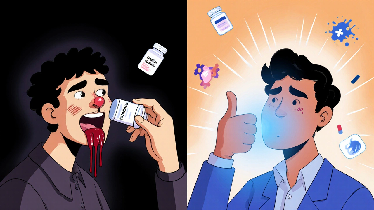 Split illustration showing dangerous interaction of etodolac with blood thinners on one side, and safe acetaminophen use on the other.