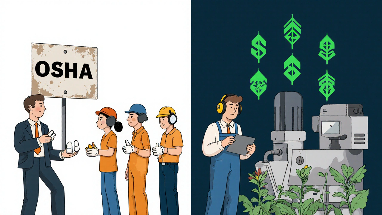 Split scene: ineffective earplugs vs. engineering controls reducing workplace noise