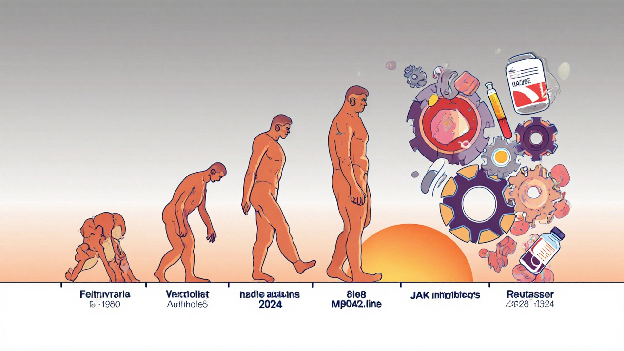 Timeline showing autoimmune treatment evolution from damaged joints to balanced body with modern therapies.