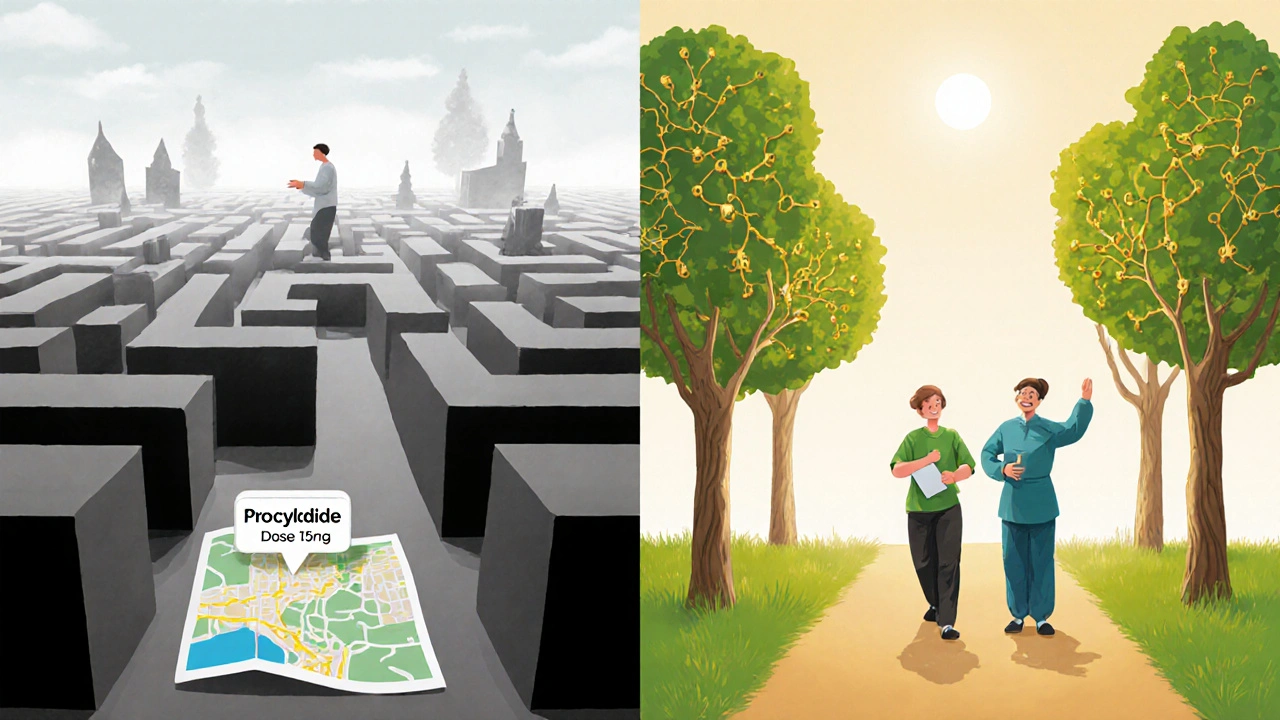 Two paths: one foggy with high drug dose, one bright with therapy and clarity.