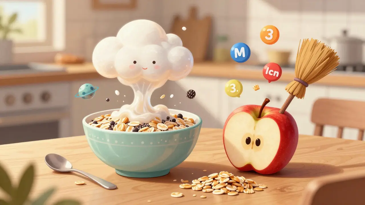 A colorful breakfast scene with oats turning to gel, chia seeds as planets, and wheat bran as brooms, with floating nutrients.