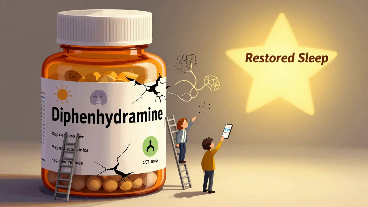 A crumbling pill bottle revealing dementia symbols, while people climb toward a star labeled 'Restored Sleep'.