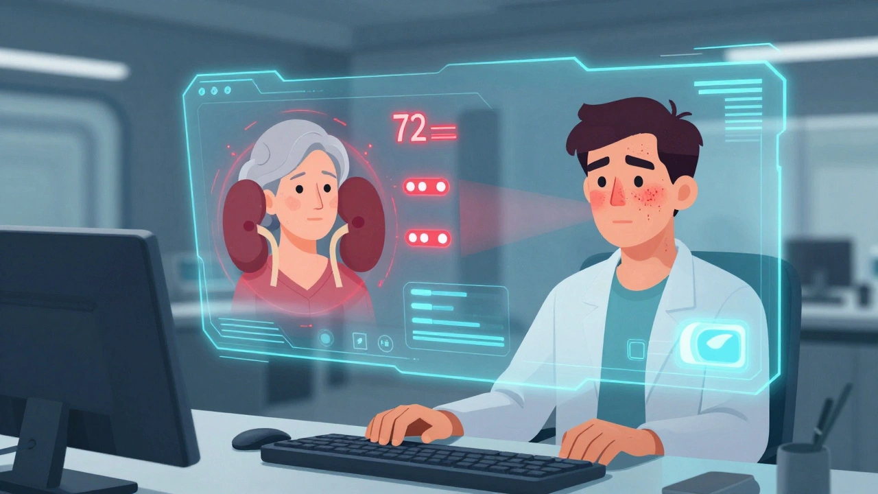 A holographic dashboard highlights high-risk patient profiles while filtering out false alarms in drug safety monitoring.