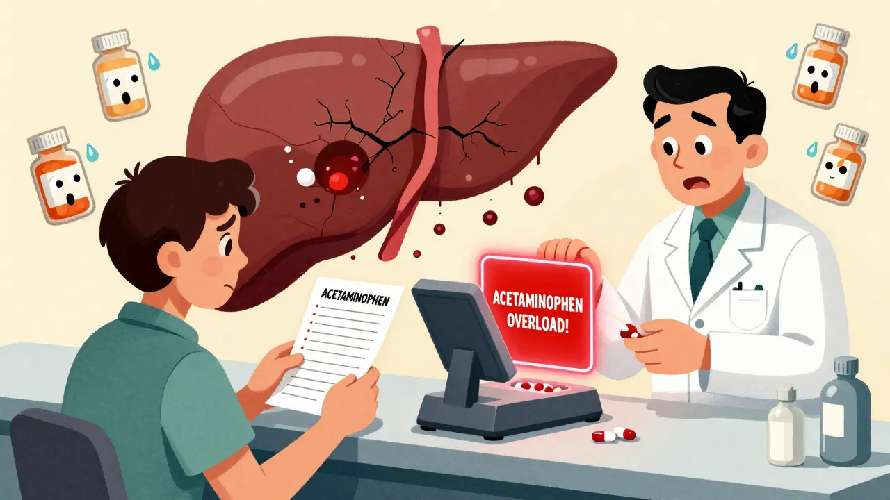 A patient and pharmacist reviewing a medication list with a glowing red overdose warning.
