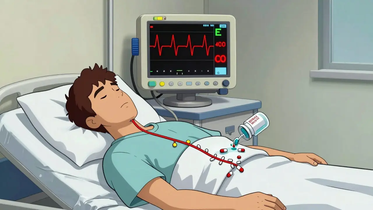 A patient on a hospital bed with a flat capnography waveform as opioid molecules flood the bloodstream, illustrated in graphic medical style.