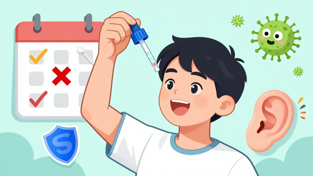 A person using an alcohol-vinegar rinse with a cotton swab crossed out and earplugs nearby.