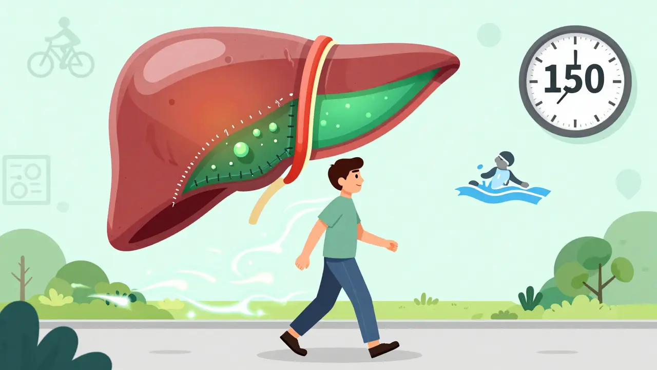 A person walking with a healing liver visualization above them, surrounded by exercise icons.