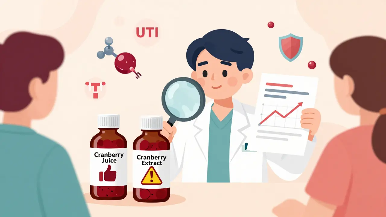 A pharmacist comparing cranberry juice and extract bottles under a magnifying glass, surrounded by health icons.