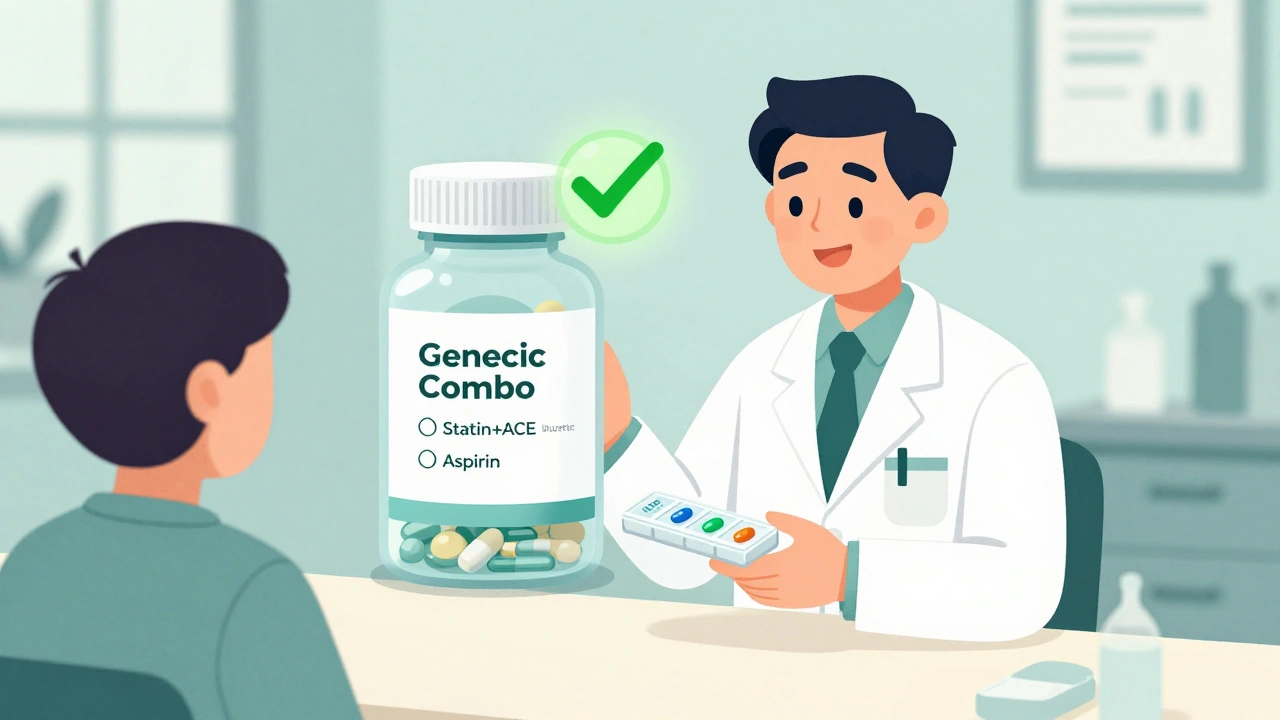 A pharmacist giving a patient a combo pill organizer with labeled compartments for heart medications.