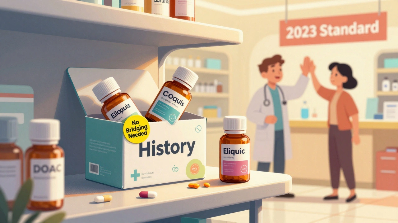 A pharmacy shelf transitioning from warfarin to DOACs with &#039;No Bridging Needed&#039; stickers and modern medical icons.