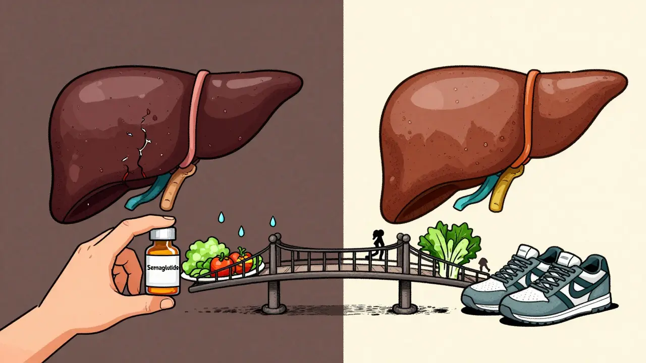 A pill bottle connected by a habit-bridge to food and exercise, symbolizing support for liver healing.