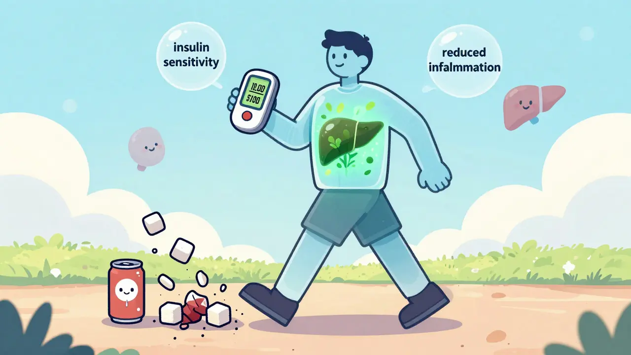 A walker with a transparent body revealing a healing liver, sugar cubes crumbling at their feet.