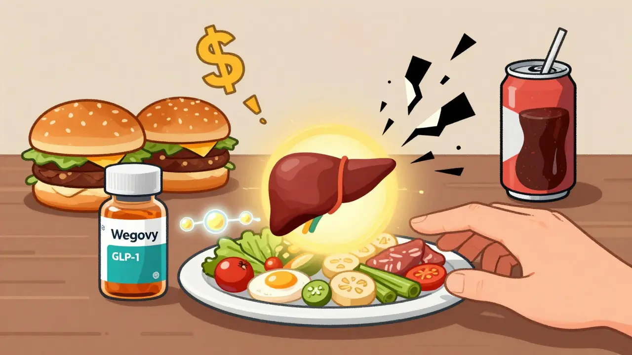 A Wegovy pill releasing a hormone molecule that guides someone toward healthy eating while rejecting junk food.