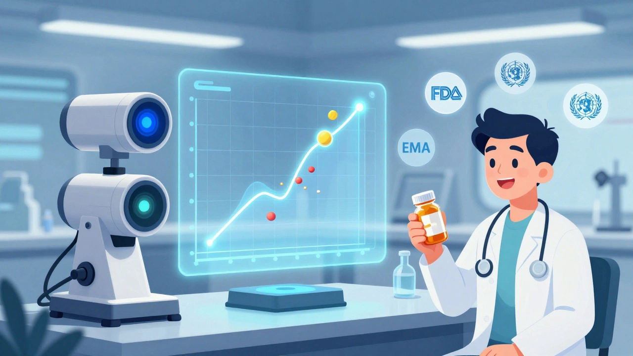 AI lab with holographic dissolution curve and biorelevant fluid, patient holding pill bottle.