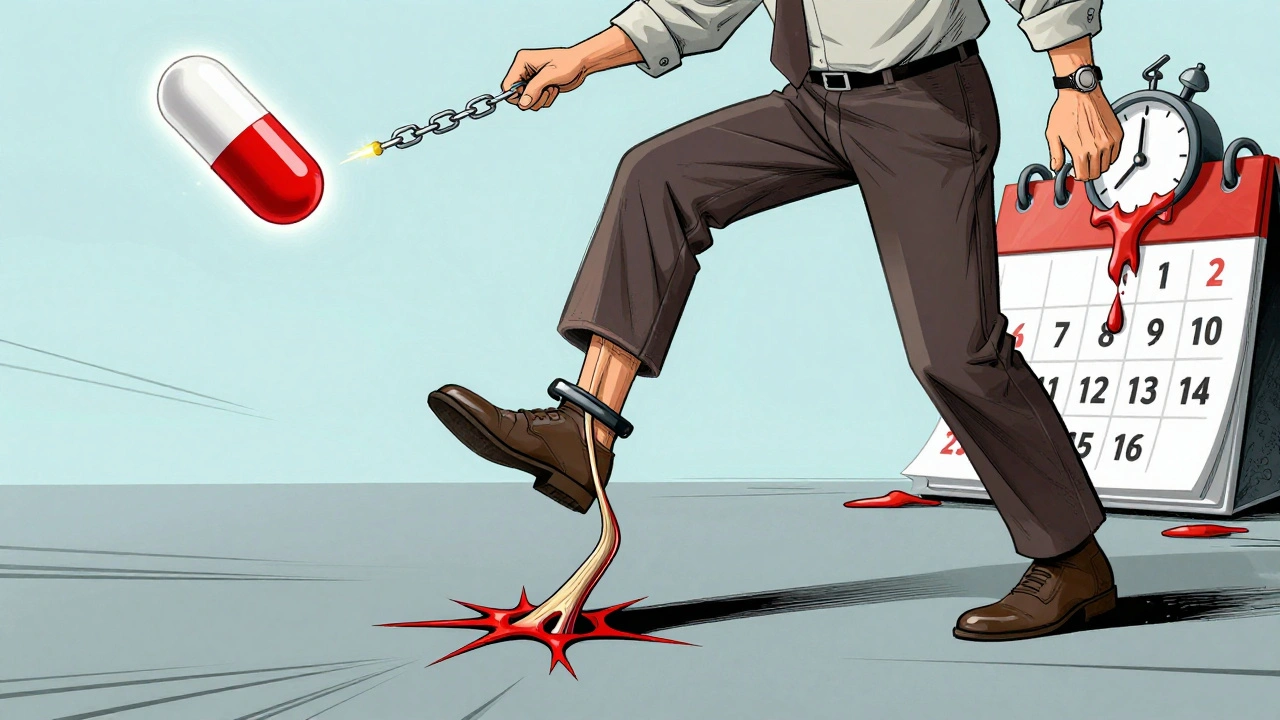 An elderly man&#039;s Achilles tendon snapping mid-step, with pills floating above connected by a sparking chain.