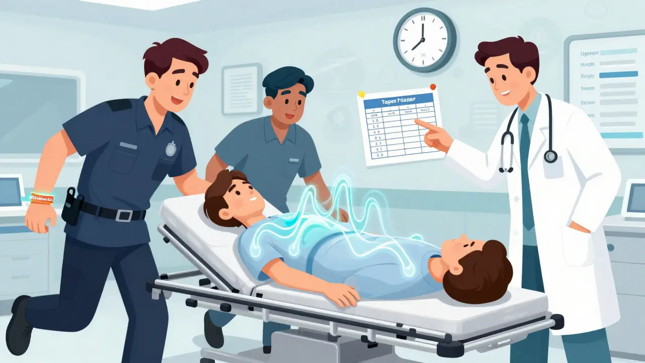 An emergency room scene with a medical alert bracelet glowing, cortisol waves pulsing, and a printed taper schedule visible on the gurney.
