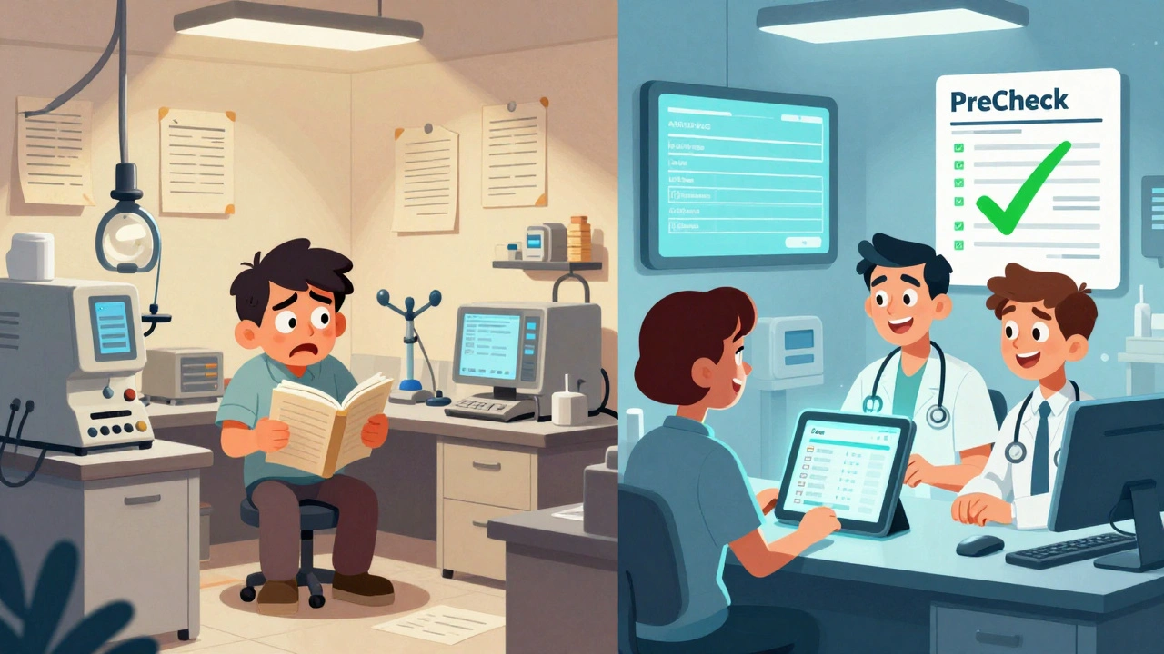 Contrasting scenes: chaotic lab vs. organized facility with PreCheck checklist and green checkmark.