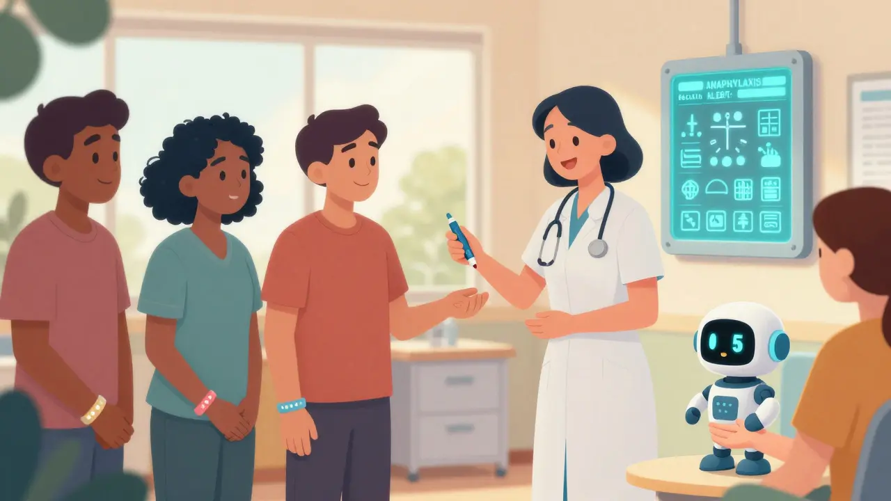 Diverse patients with medical alert bracelets beside a digital health record showing penicillin allergy alert.