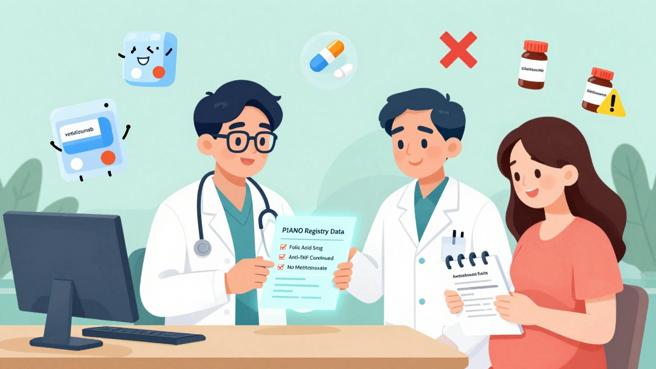 Doctor and patient reviewing pregnancy-safe IBD meds with icons and warnings